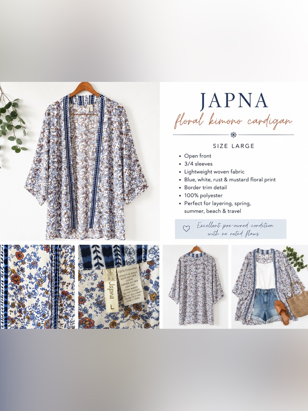 Japna Floral Open Front Kimono Cardigan Blue Boho Lightweight Cover Up Size L